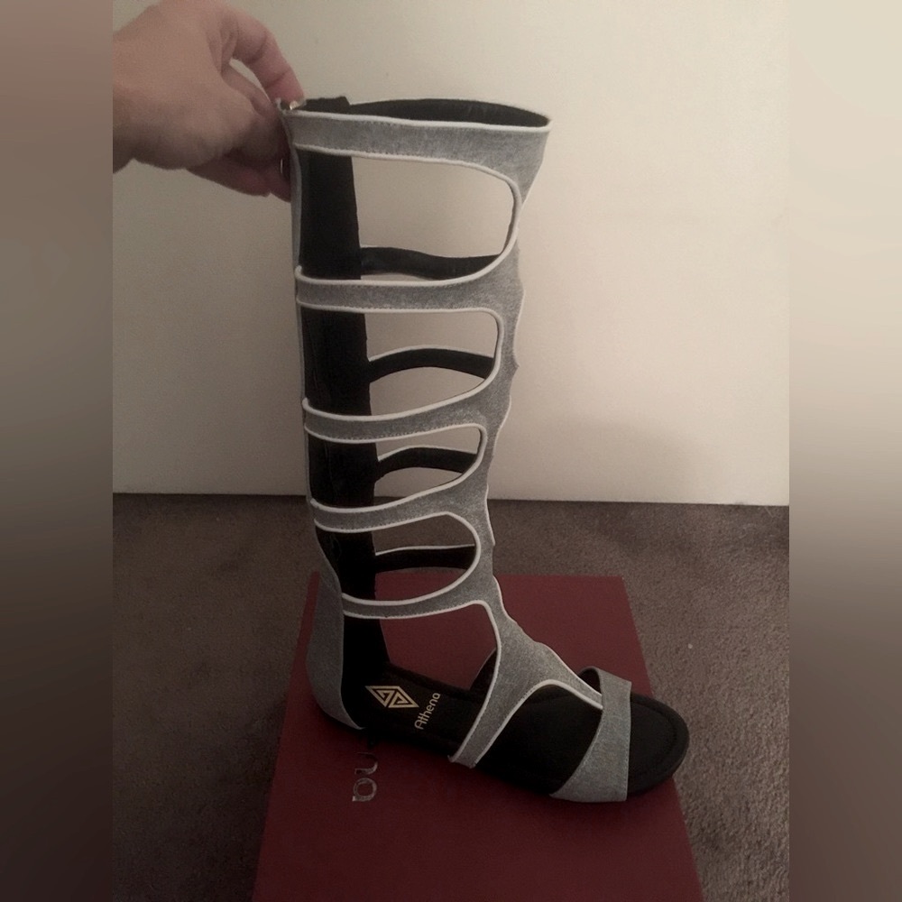 ATHENA Ariana Gray Greek Cut Out Zippered Knee High Sandals *Wide Calf* 🩶